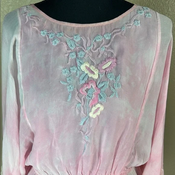 LoveShackFancy Pink Sheer Embroidered Blouse long Billowy Sleeves Size Large - Picture 7 of 10
